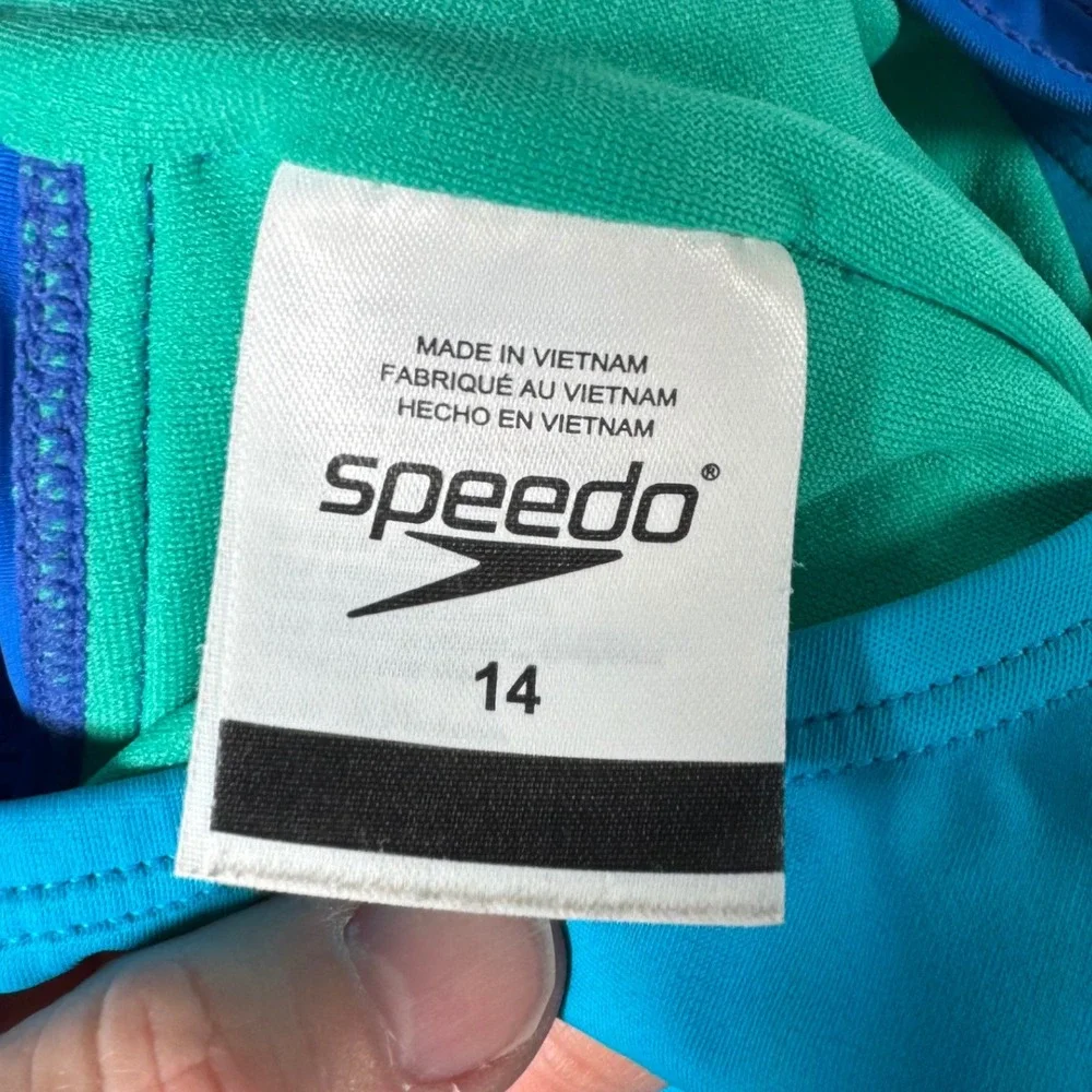 Speedo Girls Swimsuit Size 14 Blue Green Athletic‎ One Piece Training Racerback
